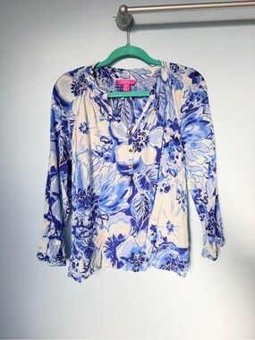 Lilly Pulitzer Elsa Silk Blouse Blue White Floral Print Size S